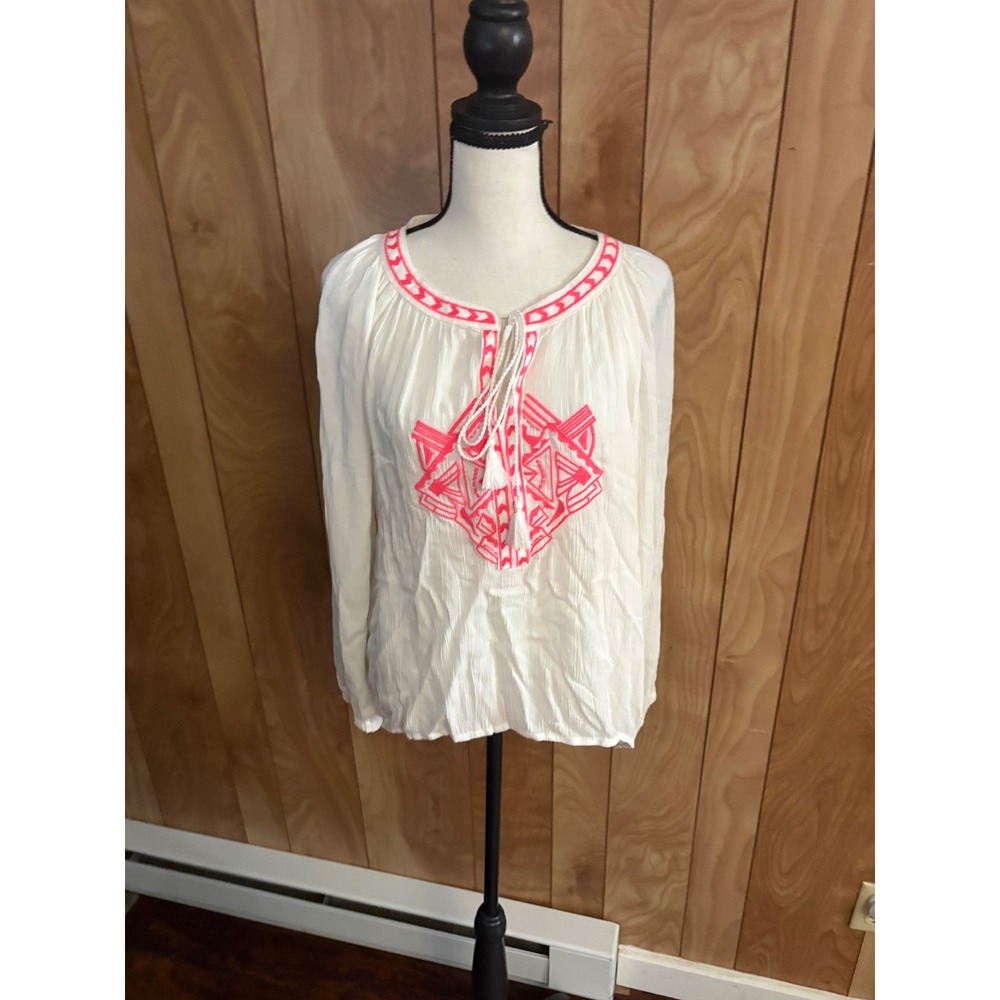 Fun & Flirt Womens Medium White Boho Embroidered Peasant Blouse Pink Tassels